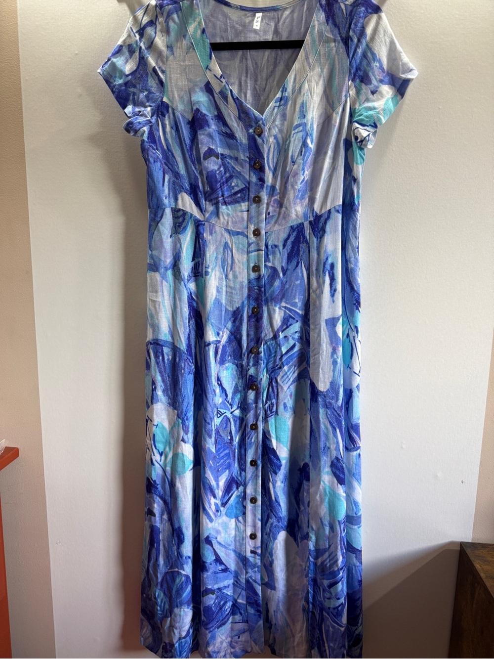 Blue Sky Clothing Co S Blue Floral Linen Bamboo Button Front Maxi Dress